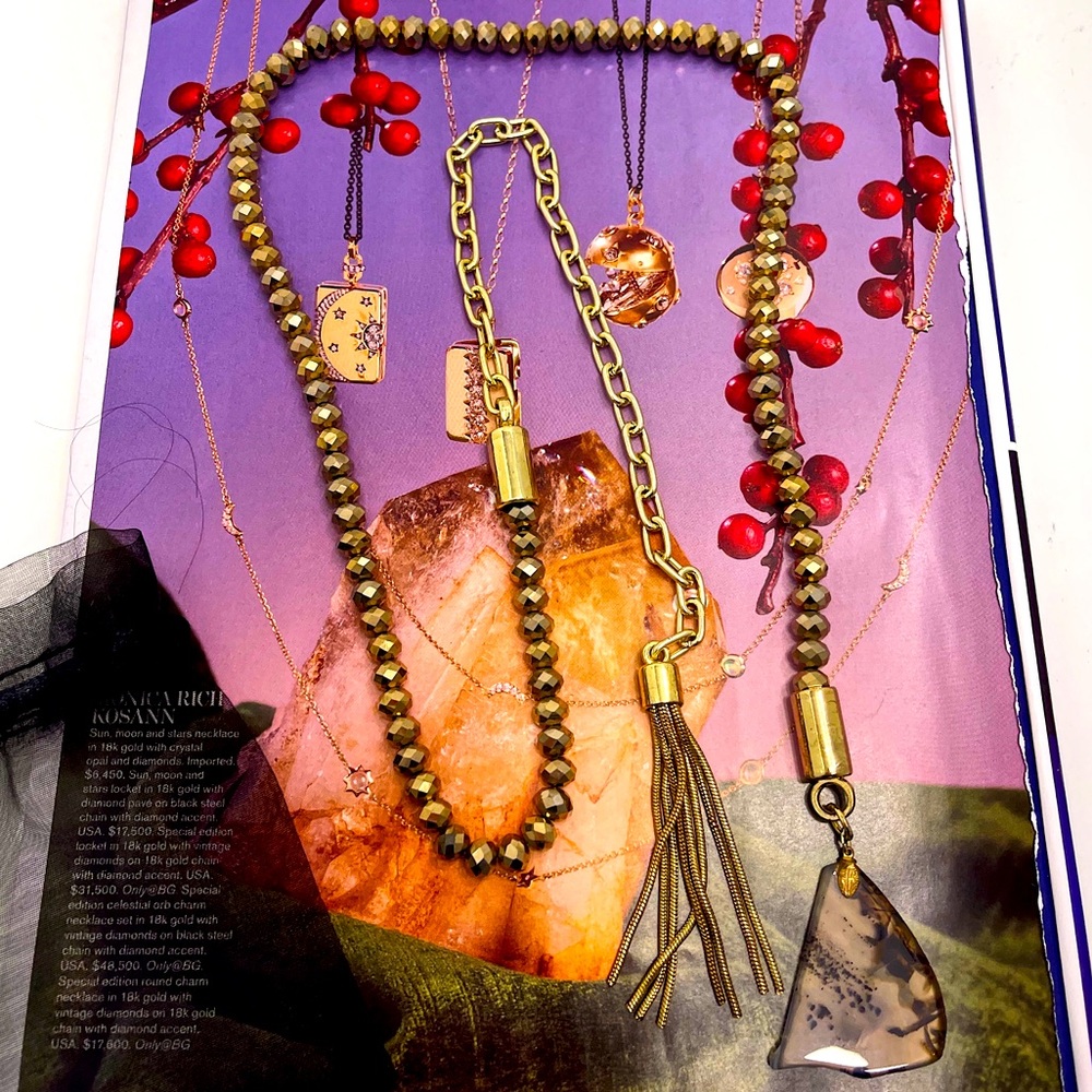 Custom Necklace Gold Beads & Chain with Polished Stone Piece Costume Jewelry